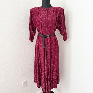 Vintage 80s Burgundy Floral Midi Dress Made in USA Padded Shoulder Red L